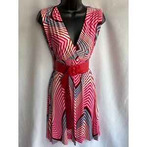 Vintage Grace USA Red Striped Cocktail Dress Retro 80s sz S Y2K Feminine V Neck